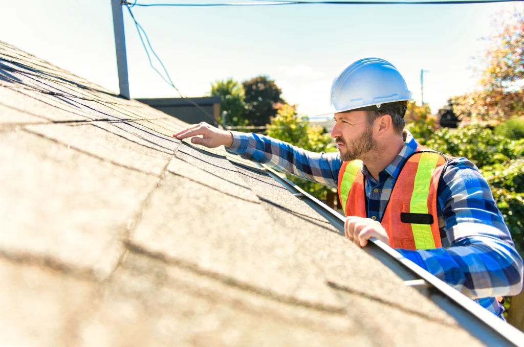 roofer performs a roof inspection after home suffers from hail damage
