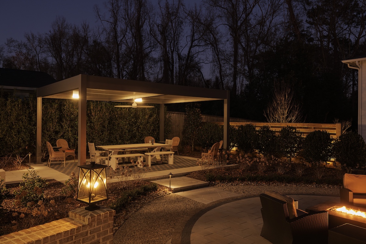 custom constructions - gray+ white r-shade premium white panels firepit fan chairs LED ramps