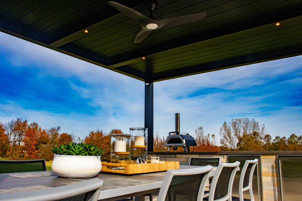 black r-blade - recessed lights - fan - outdoor dining