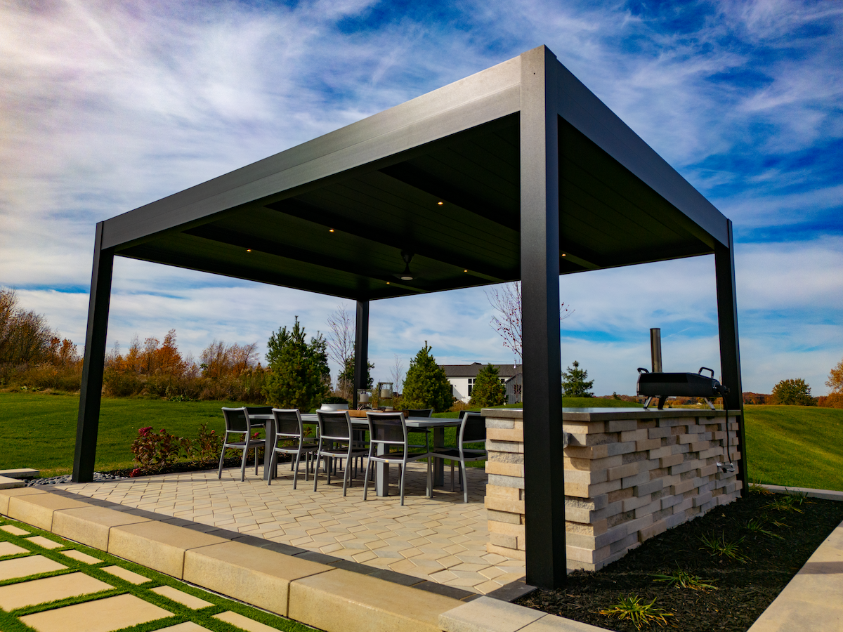 black r-blade - recessed lights - fan - outdoor dining - pool