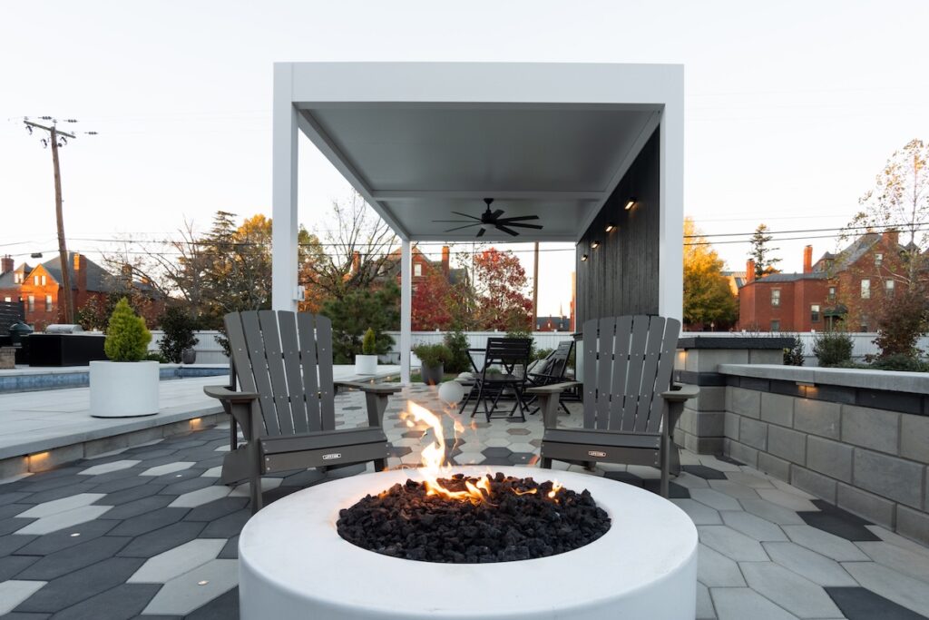 pergola white with a fire pit