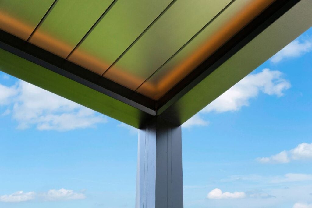 black r blade pergola with LED lights
