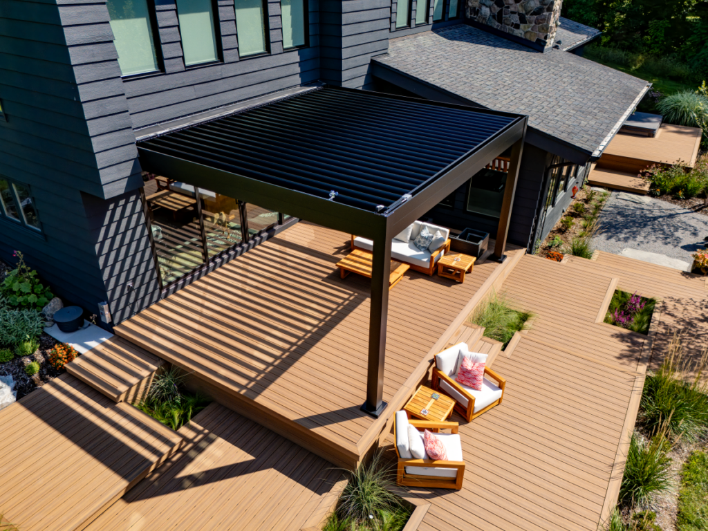 black r blade pergola and wood deck