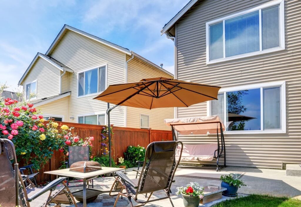 beautiful patio with shade from umbrella