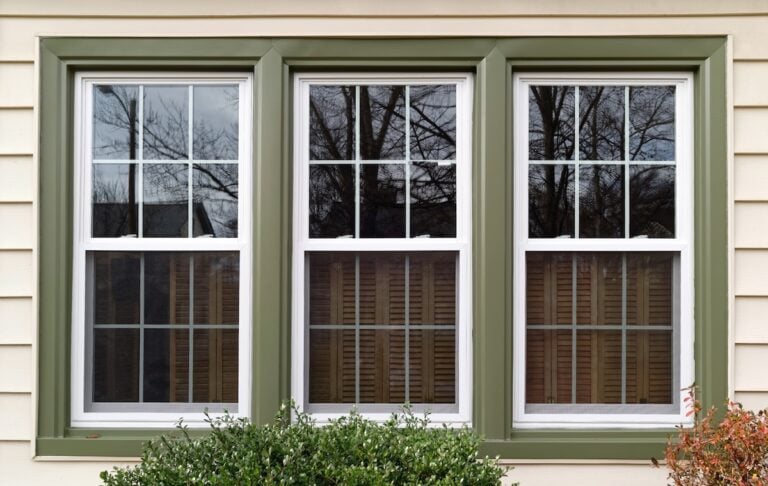 double hung green trim windows
