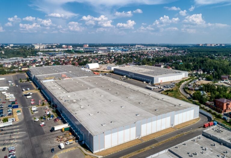 Warehouse building with flat roof