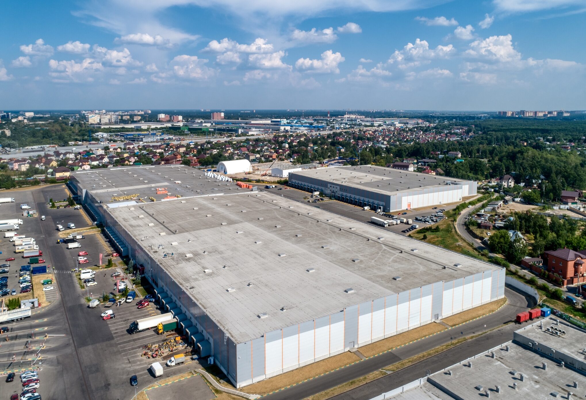Warehouse building with flat roof