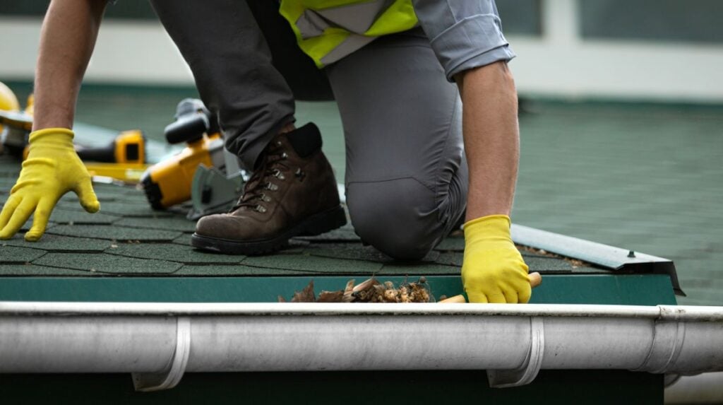 when should homeowners schedule a roof inspection in la crescent mn worker using gloves to check gutter